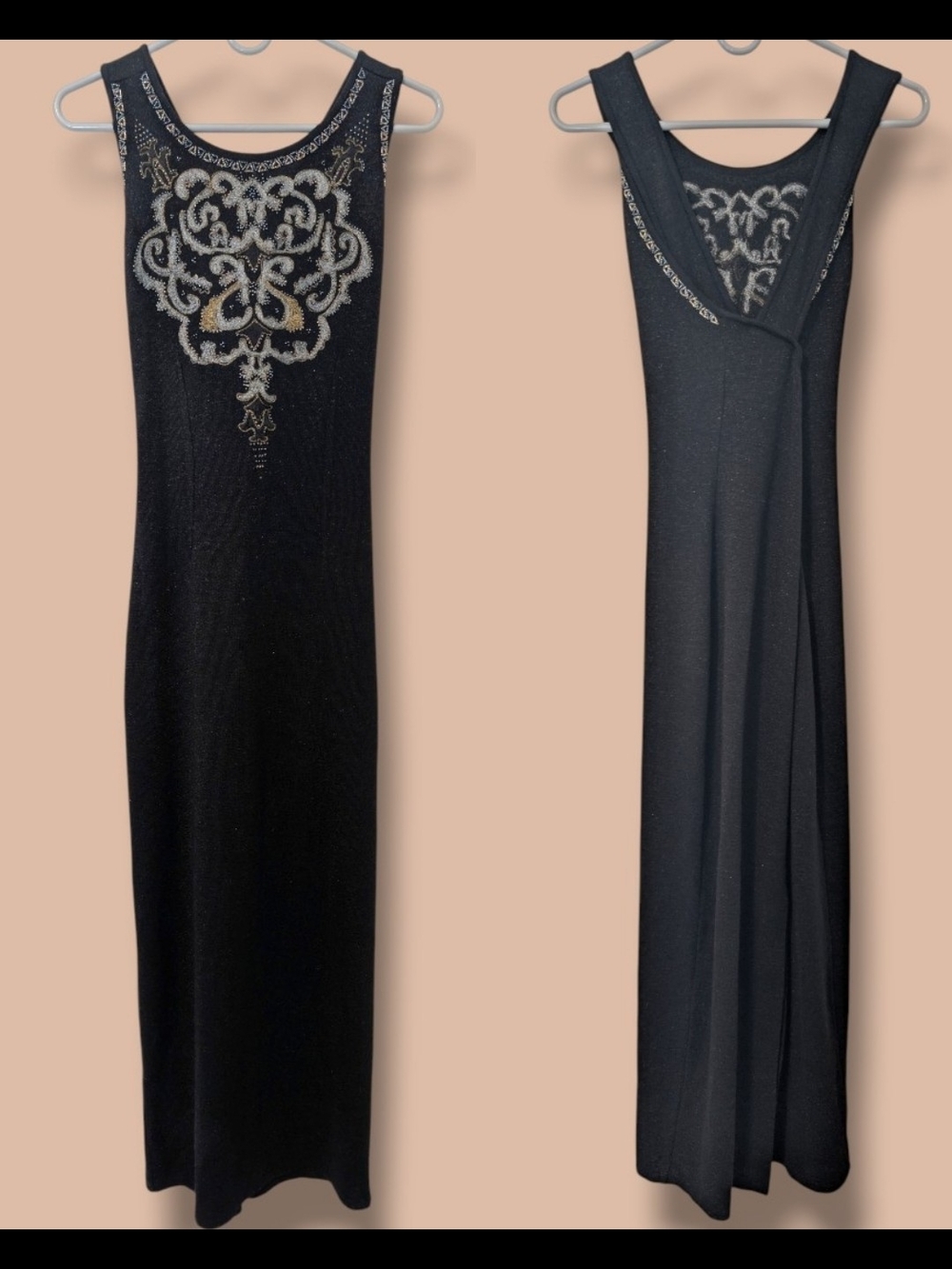 Carole Little Vintage Black Beaded Metallic Sleeveless Fitted Maxi Dress 90s